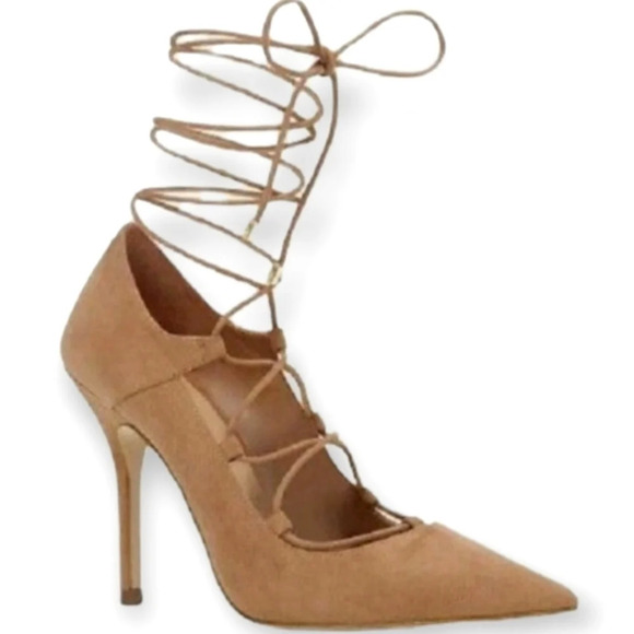 Aldo Tan Suede Kenneson Lace Up Stiletto Heel Pointed Toe Pumps 7.5 - Picture 1 of 16